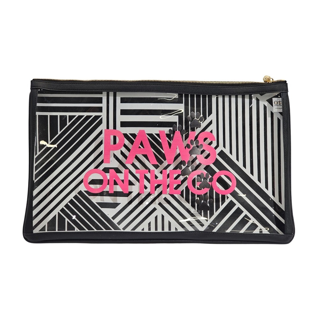 OTG247 Paws On The Go #10 Clear Pouch Black White Faux Saffiano 18x11" Bag EUC